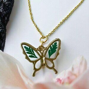 Resin Butterfly Necklace with Pressed Fern Leaves - Handmade Nature-Inspired